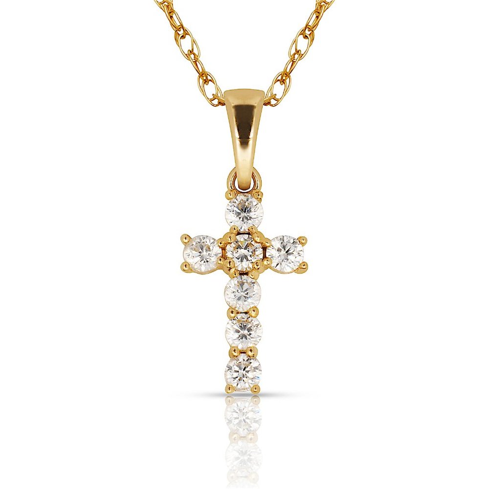 14K Solid Yellow Gold CZ Cross Pendant Necklace for Women with Box Chain